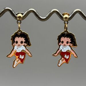 Vintage Betty Boop Enamel Dangle Earrings 1980s Gold Tone Retro Cartoon Jewelry